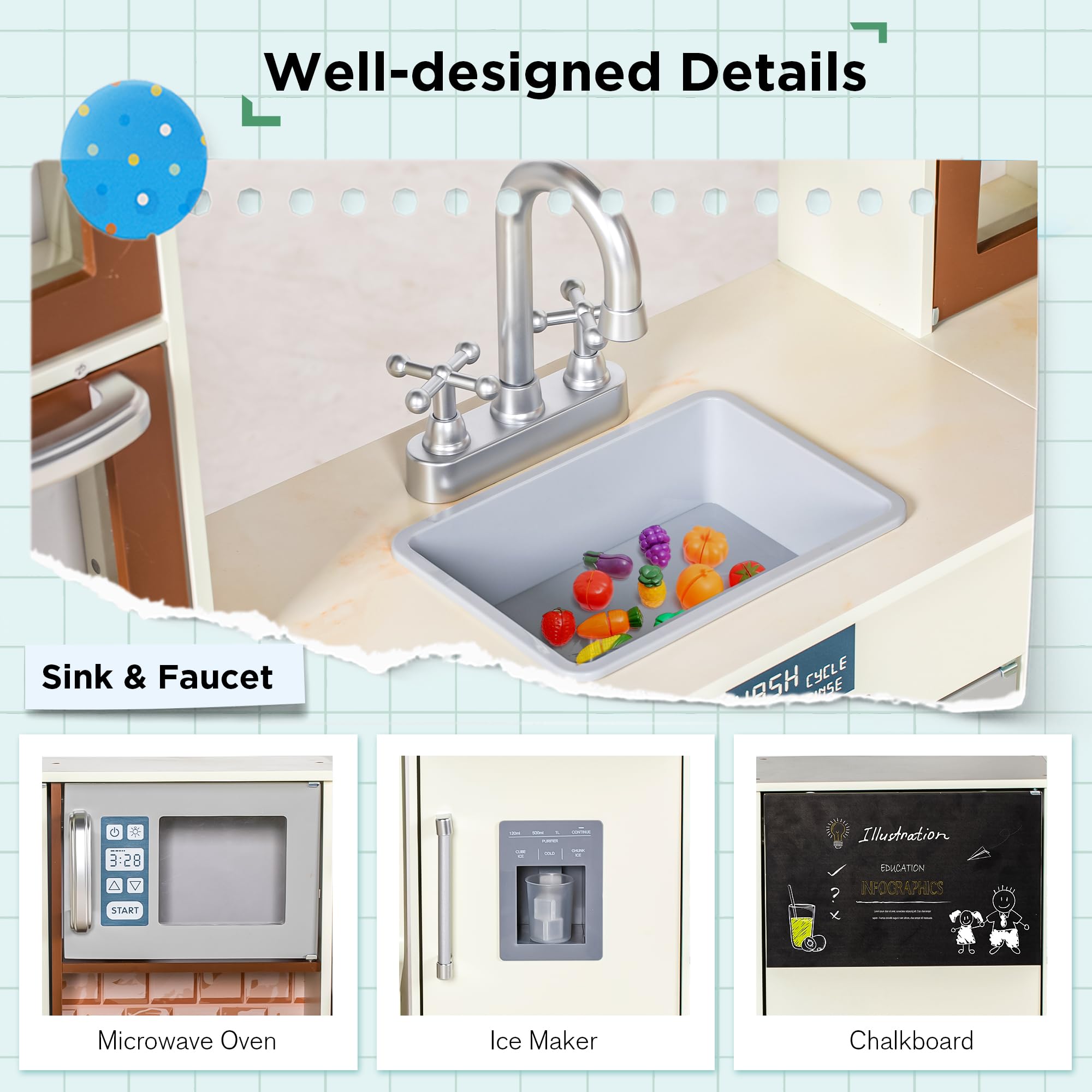 3-Piece Wooden Kids Play Kitchen Set