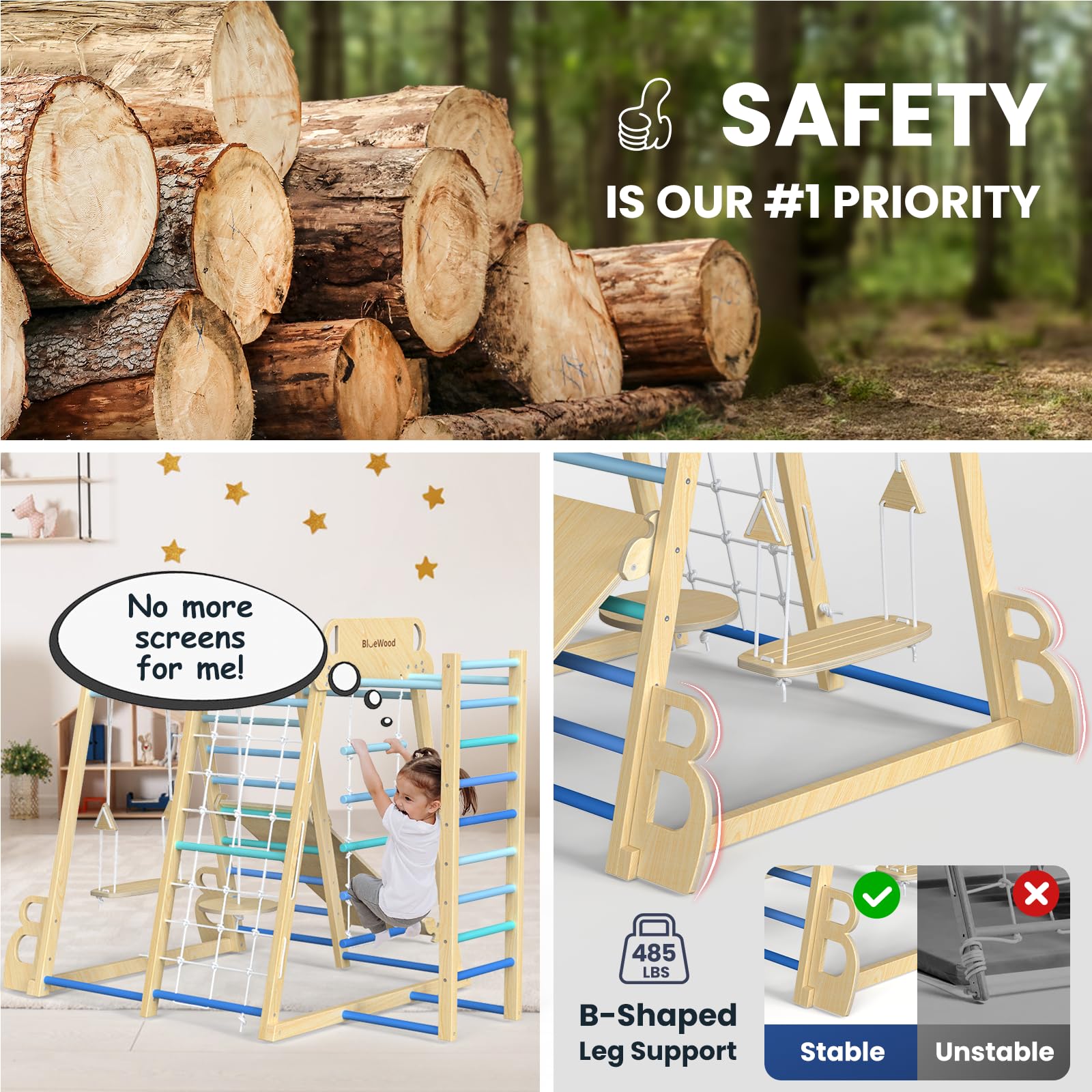 9-in-1 Wooden Indoor Jungle Gym Playset