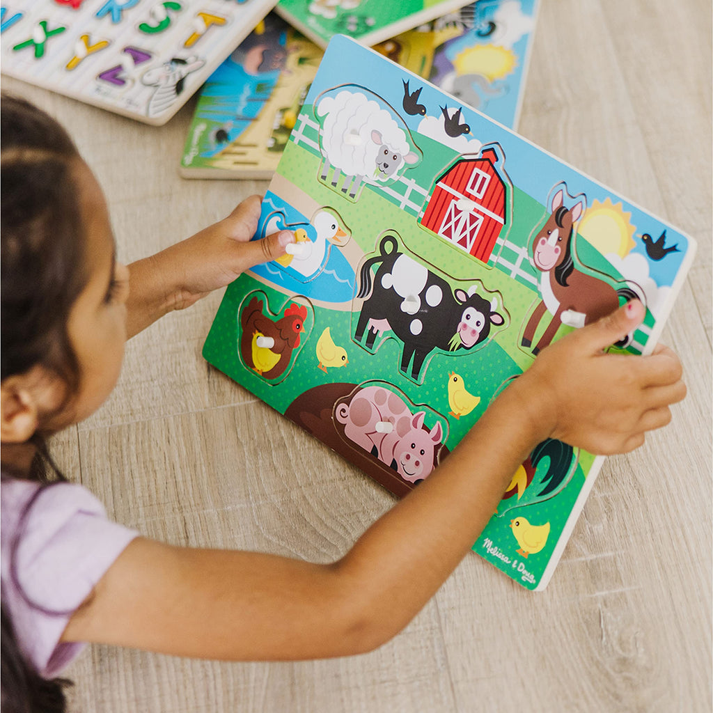 Melissa & Doug Wooden Peg Puzzle 6 Pack Numbers, Letters, Animals, Vehicles
