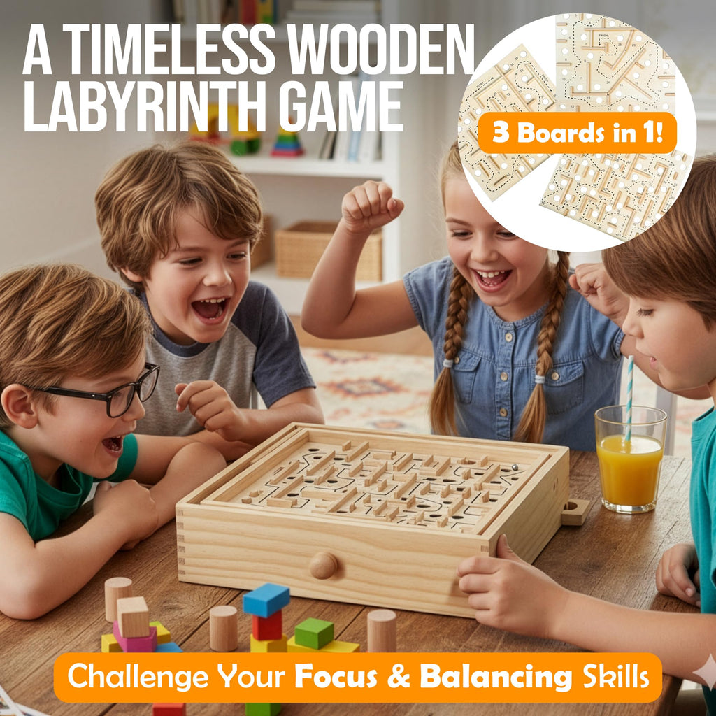 Wooden Labyrinth Maze Game with 3 Boards