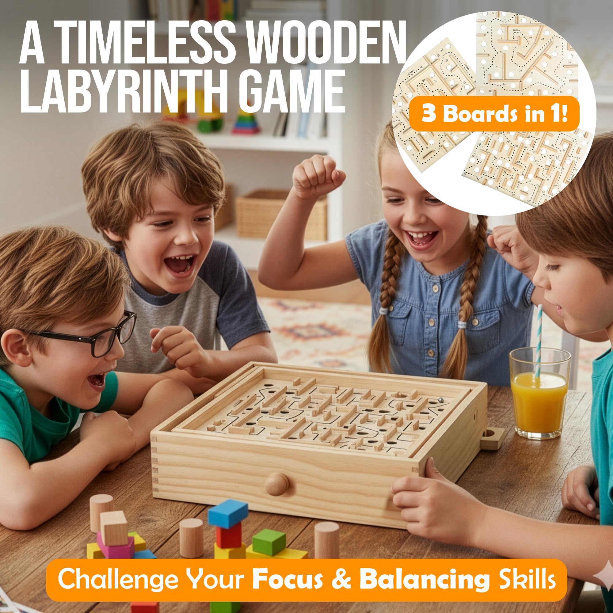 Wooden Labyrinth Maze Game with 3 Boards