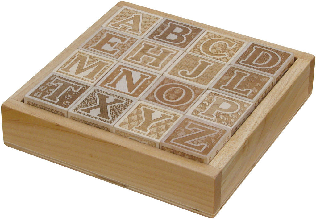 Natural Wooden ABC Blocks in Tray - 16 Block Set - Made in USA