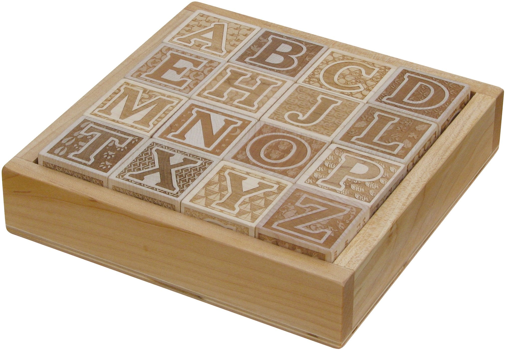 Natural Wooden ABC Blocks in Tray - 16 Block Set - Made in USA