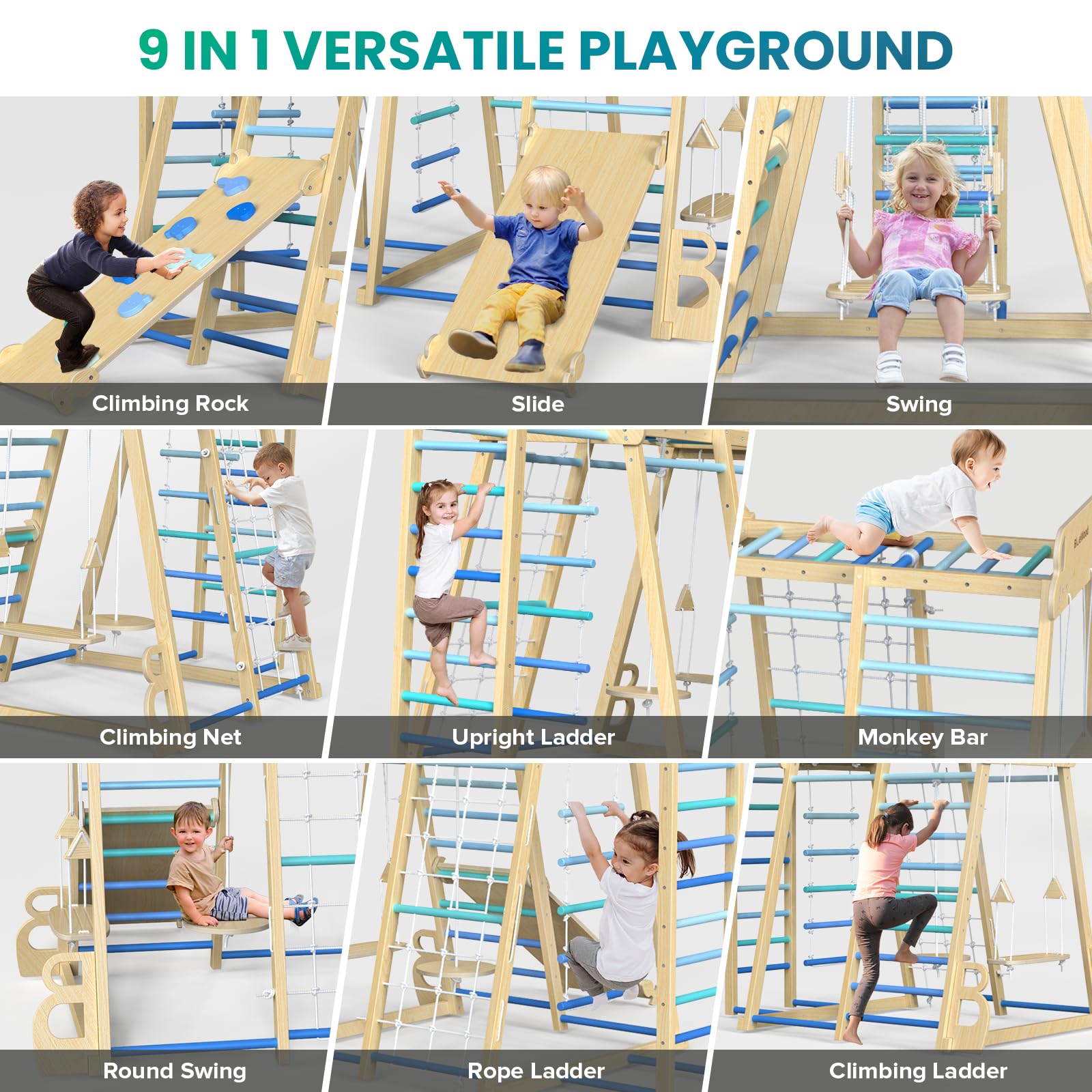 9-in-1 Wooden Indoor Jungle Gym Playset