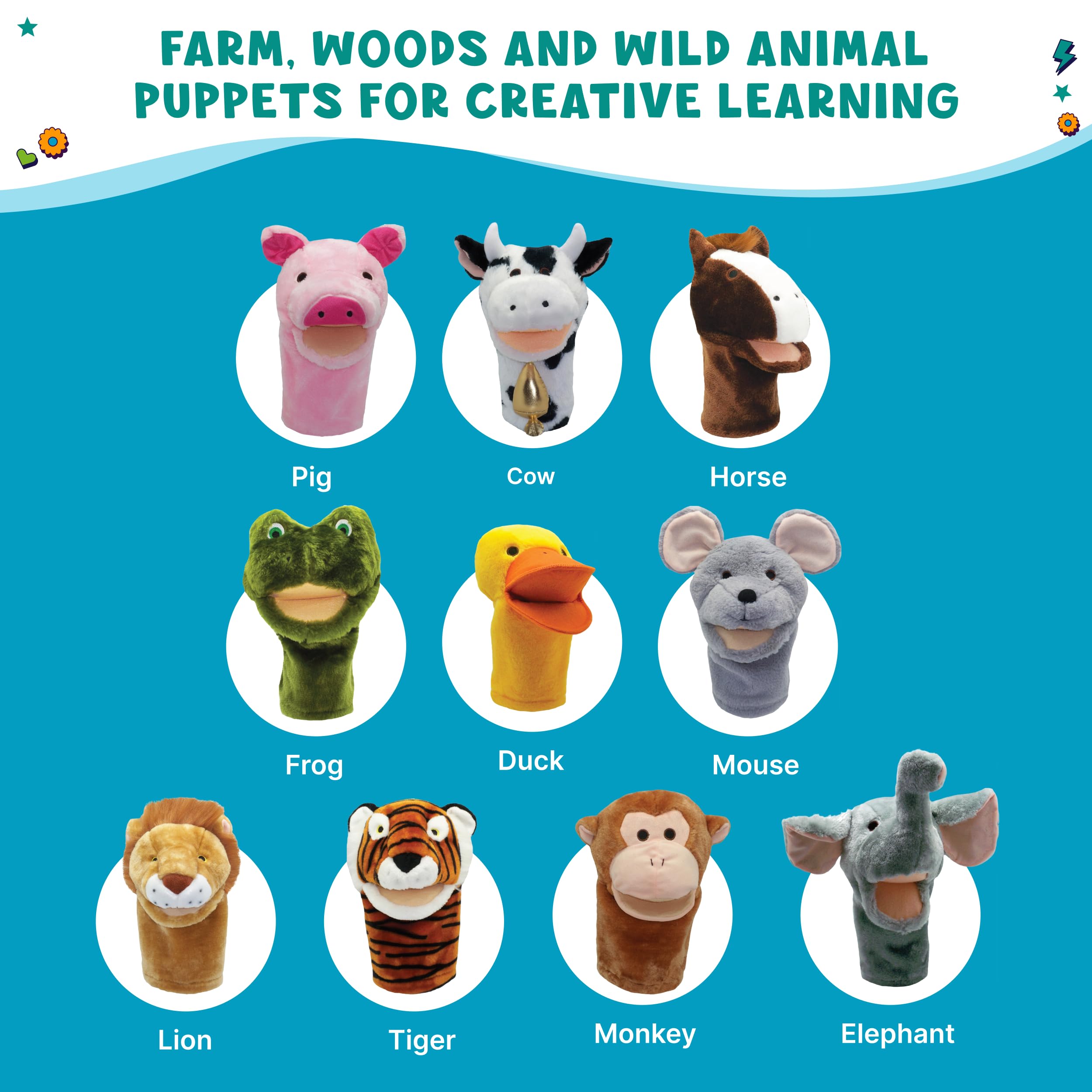 Get Ready Kids BigMouth Animal Hand Puppets - Set of 10 Plush Toys