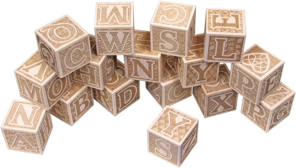 Natural Wooden ABC Blocks in Tray - 16 Block Set - Made in USA