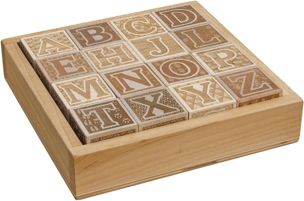 Natural Wooden ABC Blocks in Tray - 16 Block Set - Made in USA