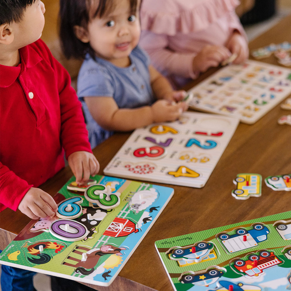 Melissa & Doug Wooden Peg Puzzle 6 Pack Numbers, Letters, Animals, Vehicles